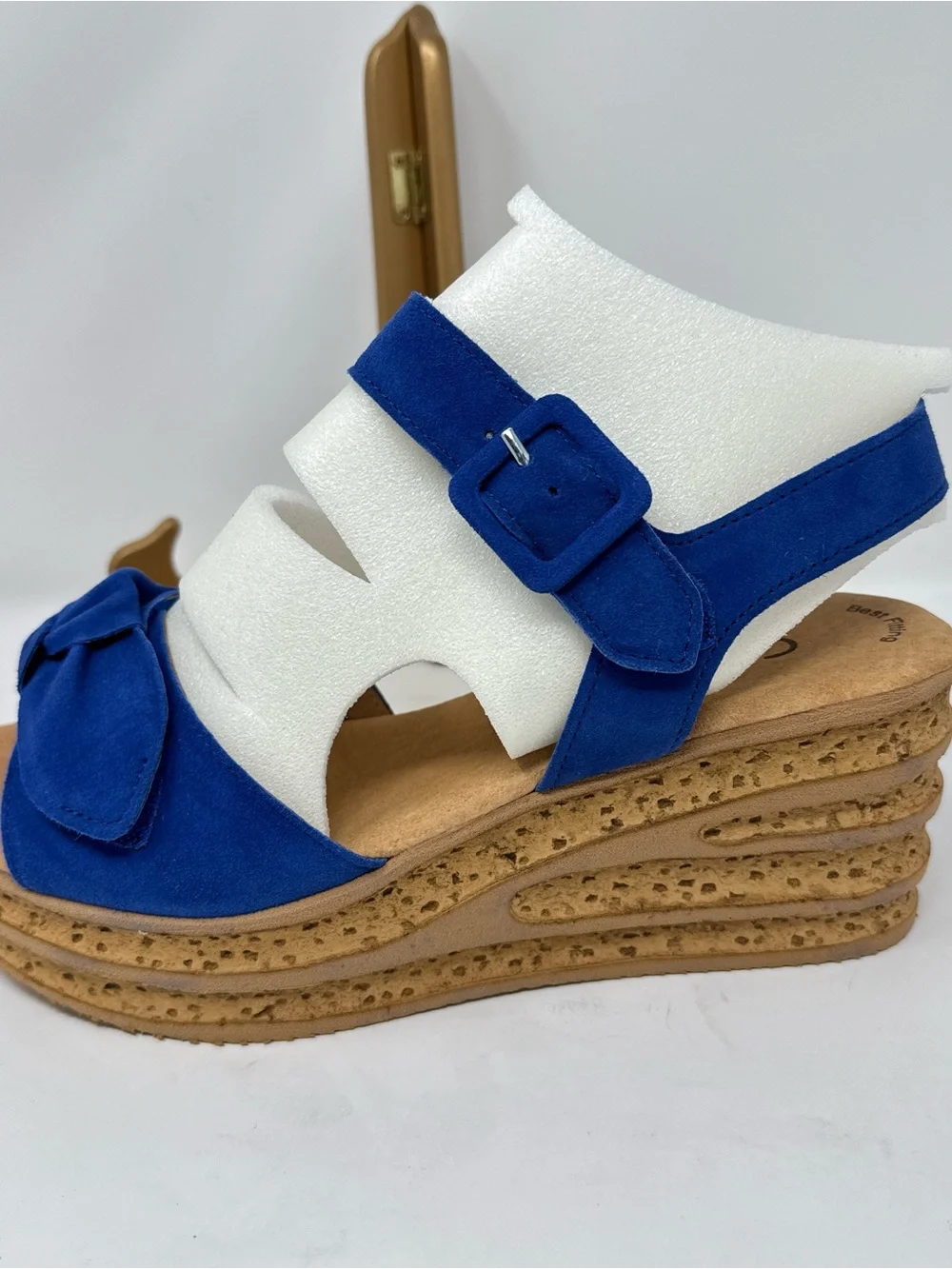 Gabor Blue Sapphire Sand Wedge Sandals with Blue Suede Knot Detail.  5 1/2/US 8.